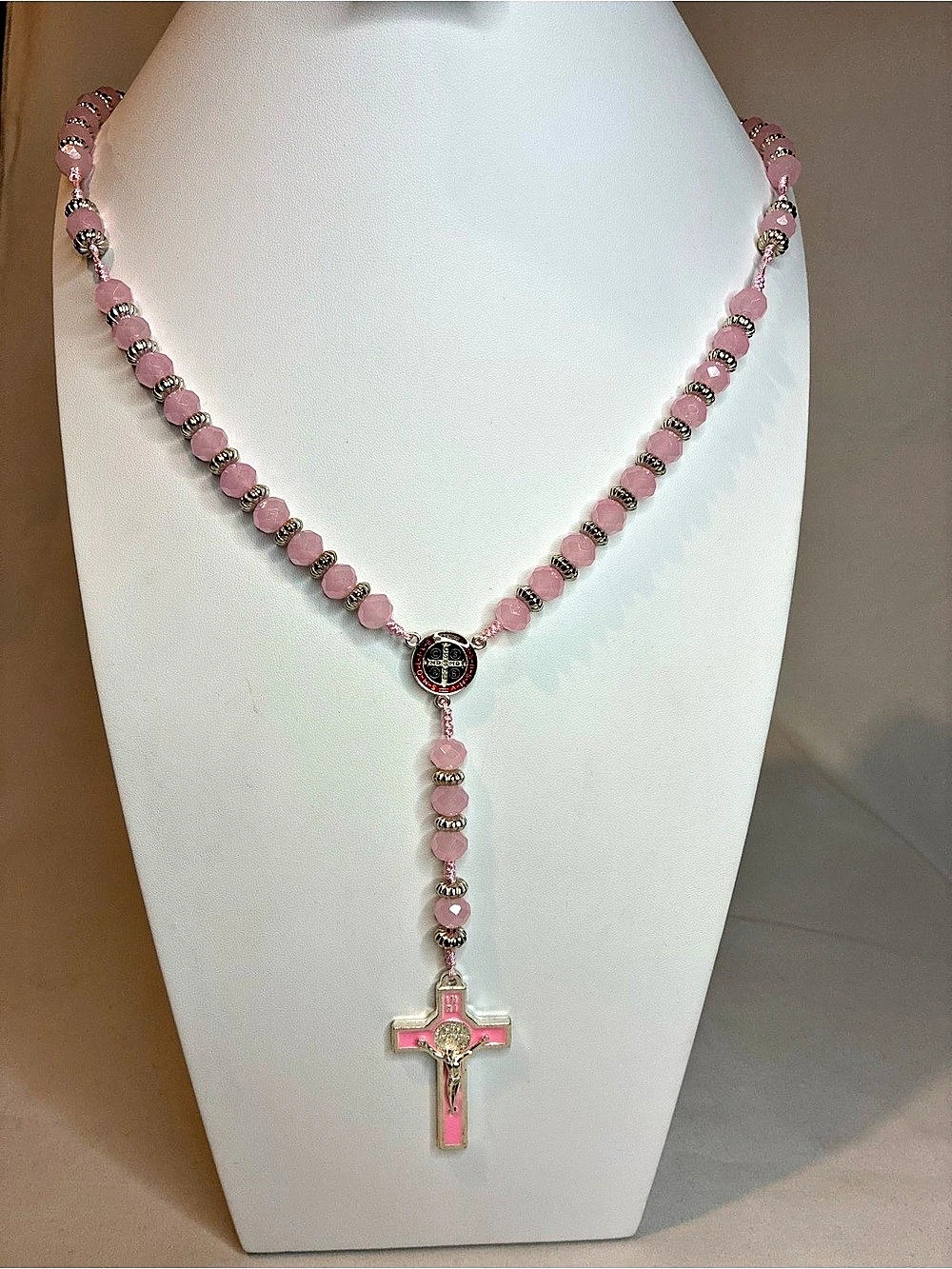 Pink Beaded Rosary Cross Necklace New